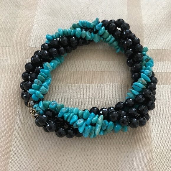14k Turquoise Black Jet Bracelet Necklace Set - Picture 3 of 12